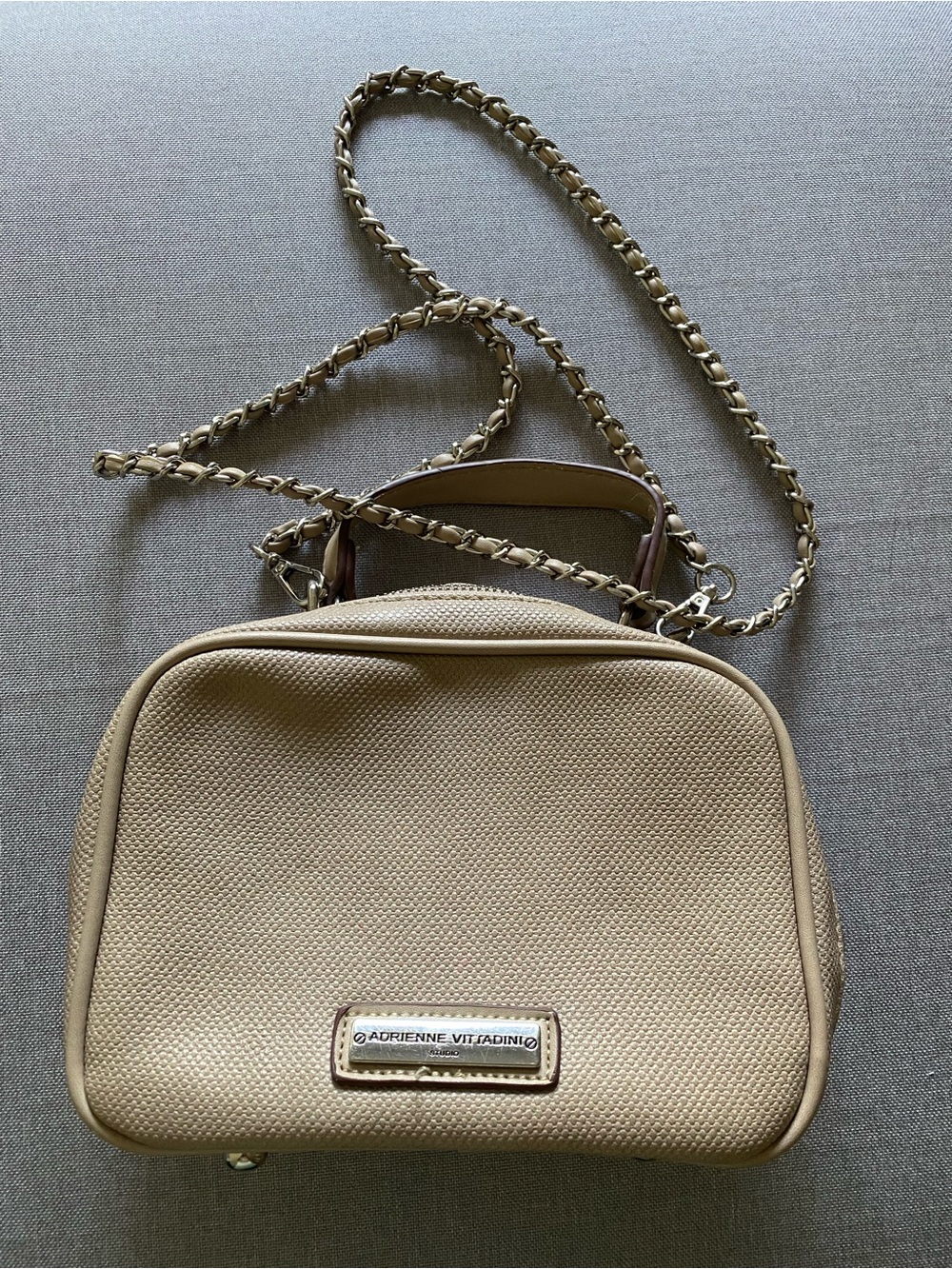 Adrienne Vittadini Taupe Woven Crossbody Bag with Chain Strap